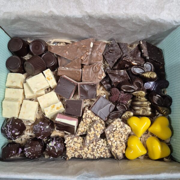 Box filled with chocolate confections
